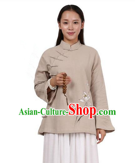 Top Chinese Traditional Costume Tang Suit Linen Upper Outer Garment Khaki Blouse, Pulian Zen Clothing Republic of China Cheongsam Painting Flower Shirts for Women