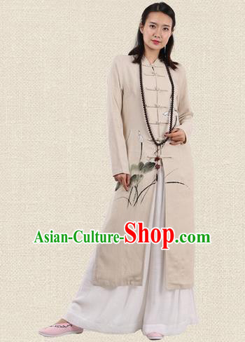 Top Chinese Traditional Costume Tang Suit Plated Buttons Linen Outer Garment Coats, Pulian Zen Clothing Republic of China Cheongsam Beige Painting Lotus Dust Coat for Women