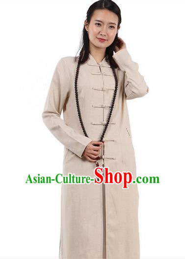 Top Chinese Traditional Costume Tang Suit Plated Buttons Linen Outer Garment Coats, Pulian Zen Clothing Republic of China Cheongsam Beige Dust Coat for Women