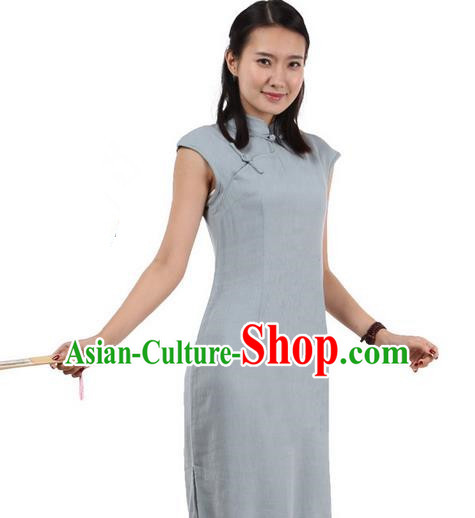 Top Chinese Traditional Costume Tang Suit Stand Collar Outer Garment Qipao Dress, Pulian Zen Clothing Republic of China Short Cheongsam Blue Dress for Women