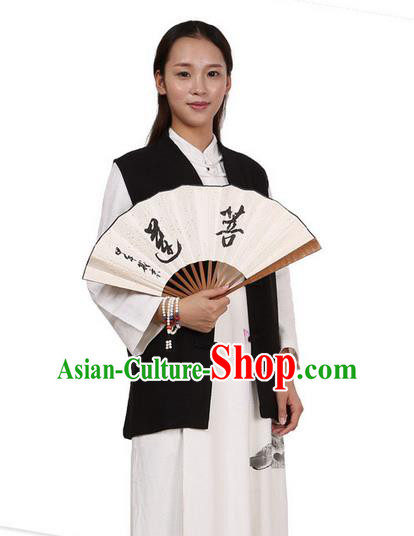 Top Chinese Traditional Costume Tang Suit Plated Buttons Upper Outer Garment Vest, Pulian Zen Clothing Republic of China Waistcoat Black Cappa for Women