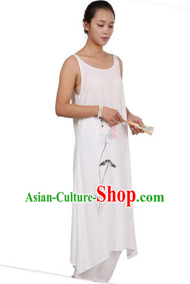 Top Chinese Traditional Costume Tang Suit Linen Painting Lotus Sundress, Pulian Zen Clothing Republic of China Pinafore Dress White Dress for Women