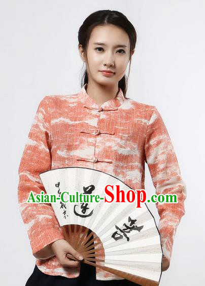 Top Chinese Traditional Costume Tang Suit Ramie Red Blouse, Pulian Zen Clothing China Cheongsam Upper Outer Garment Plated Buttons Shirts for Women