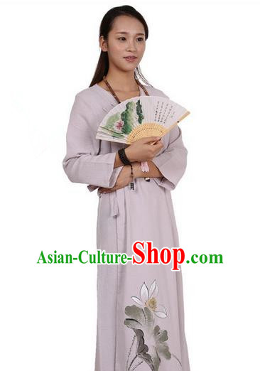 Top Chinese Traditional Costume Tang Suit Linen Qipao Dress, Pulian Zen Clothing Republic of China Cheongsam Painting Light Purple Long Dress for Women