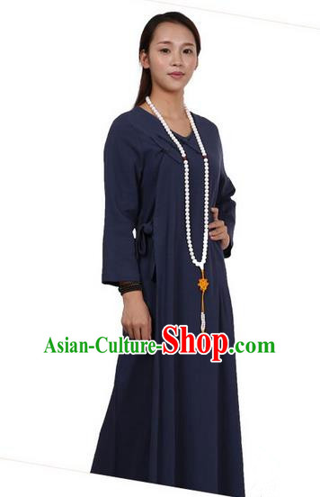 Top Chinese Traditional Costume Tang Suit Linen Qipao Dress, Pulian Zen Clothing Republic of China Cheongsam Navy Long Dress for Women