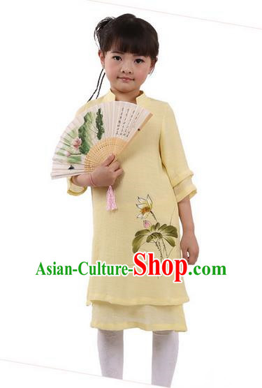 Top Chinese Traditional Costume Tang Suit Linen Qipao Children Dress, Pulian Zen Clothing Republic of China Cheongsam Yellow Painting Lotus Dress for Kids
