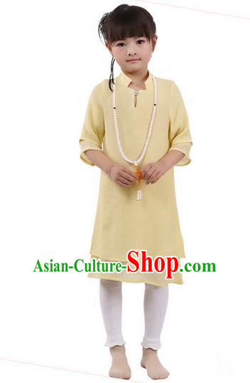 Top Chinese Traditional Costume Tang Suit Linen Qipao Children Dress, Pulian Zen Clothing Republic of China Cheongsam Yellow Dress for Kids