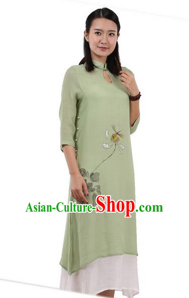 Top Chinese Traditional Costume Tang Suit Linen Double-deck Qipao Dress, Pulian Zen Clothing Republic of China Cheongsam Upper Outer Garment Painting Lotus Green Dress for Women