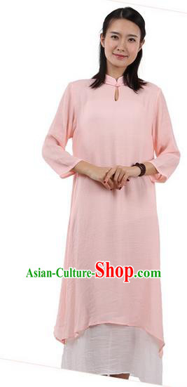 Top Chinese Traditional Costume Tang Suit Linen Double-deck Qipao Dress, Pulian Zen Clothing Republic of China Cheongsam Upper Outer Garment Pink Dress for Women