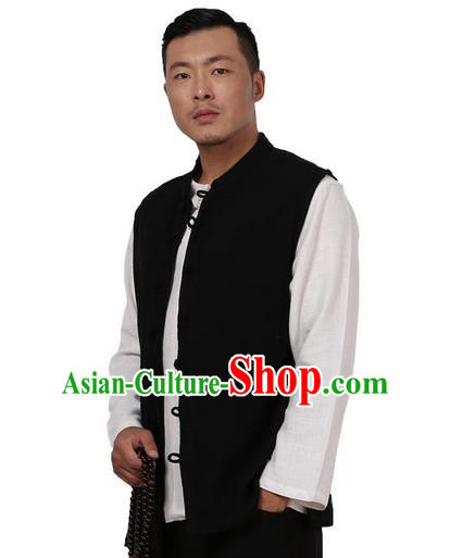 Traditional Chinese Kung Fu Costume Martial Arts Linen Plated Buttons Waistcoat Pulian Meditation Clothing, China Tang Suit Vest Tai Chi Black Weskit for Men