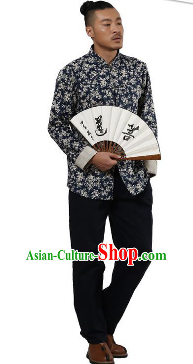 Traditional Chinese Kung Fu Costume Martial Arts Linen Plated Buttons Shirts Pulian Meditation Clothing, China Tang Suit Upper Outer Garment Navy Overshirt for Men