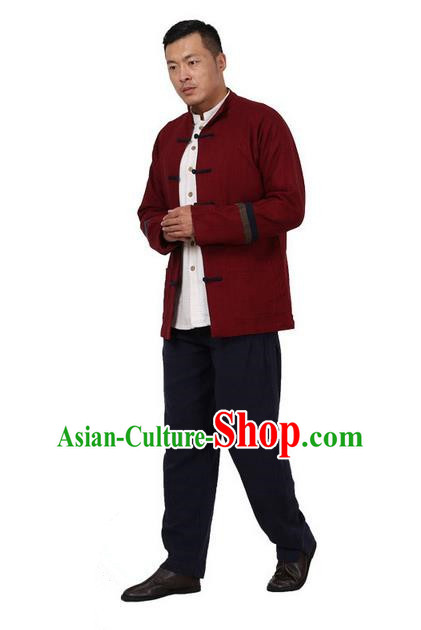 Traditional Chinese Kung Fu Costume Pulian Meditation Clothing Martial Arts Linen Plated Buttons Coats, China Tang Suit Upper Outer Garment Jacket Red Overcoat for Men