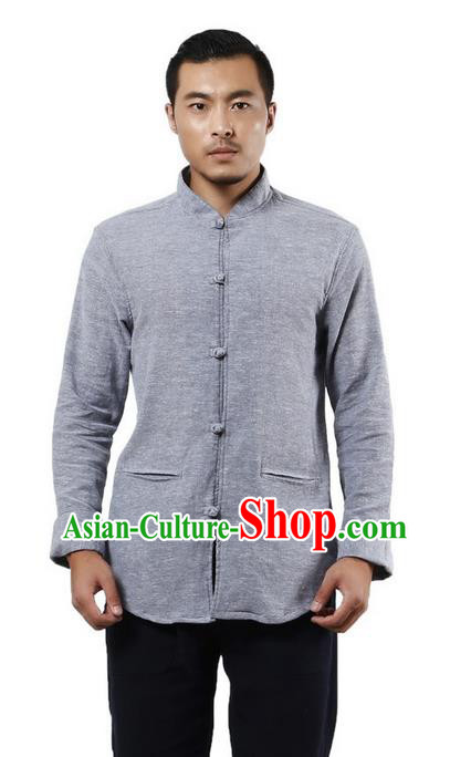 Traditional Chinese Kung Fu Costume Martial Arts Linen Shirts Pulian Meditation Clothing, China Tang Suit Upper Outer Garment Blue Overshirt for Men