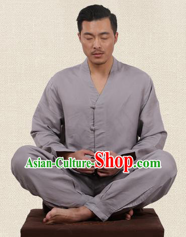 Traditional Chinese Kung Fu Costume Martial Arts Linen Slant Opening Grey Suits Pulian Meditation Clothing, China Tang Suit Uniforms Tai Chi Clothing for Men