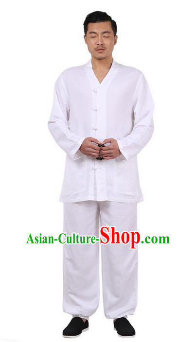 Traditional Chinese Kung Fu Costume Martial Arts Linen Slant Opening White Suits Pulian Meditation Clothing, China Tang Suit Uniforms Tai Chi Clothing for Men