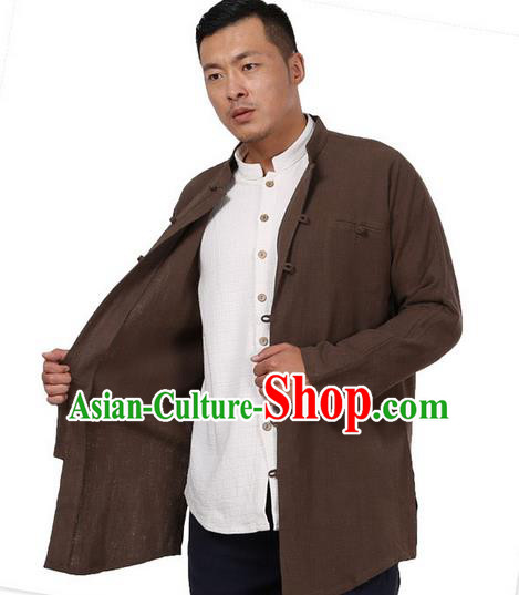 Traditional Chinese Kung Fu Costume Martial Arts Ramie Coffee Shirts Pulian Meditation Clothing, China Tang Suit Overshirts Tai Chi Long Gown for Men