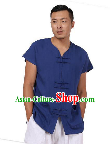 Traditional Chinese Kung Fu Costume Martial Arts Tang Suit Plated Buttons Shirts Pulian Meditation Clothing, China Tai Chi Blue Short Sleeve T-shirts for Men