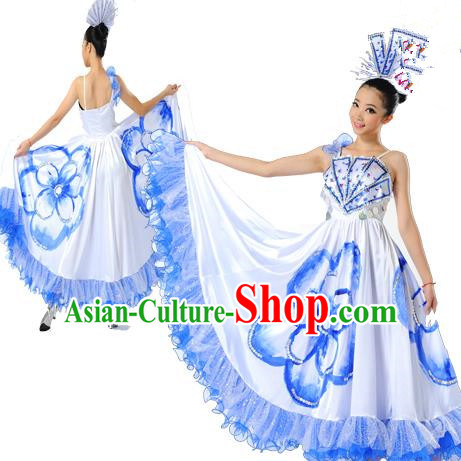 Chinese Classic Stage Performance Chorus Singing Group Dance Costumes, Opening Dance Folk Dance Big Swing Blue Dress for Women