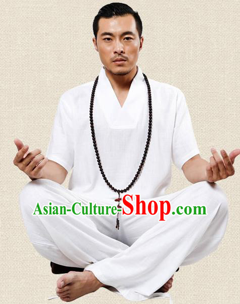 Traditional Chinese Kung Fu Costume Martial Arts Linen Plated Buttons White Suits Pulian Meditation Clothing, China Tang Suit Uniforms Tai Chi Clothing for Men