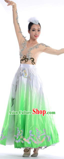 Chinese Classic Stage Performance Chorus Singing Group Dance Costumes, Opening Dance Folk Dance Big Swing Green Dress for Women