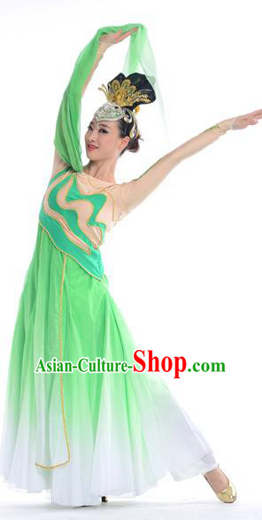 Traditional Chinese Classical Dance Water Sleeve Fan Dancing Costume, Folk Dance Drum Dance Uniform Yangko Green Dress for Women