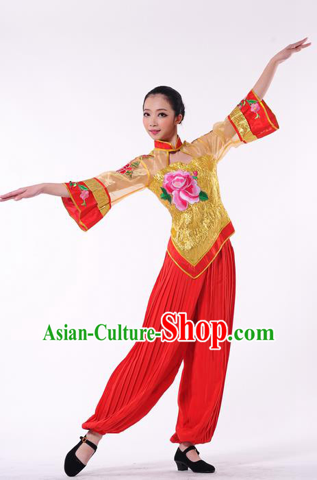 Traditional Chinese Yangge Fan Dancing Costume, Folk Dance Yangko Clothing for Women