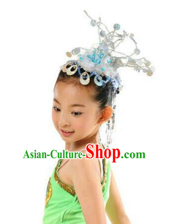 Traditional Chinese Dai Nationality Peacock Dancing Headwear, Chinese Minority Nationality Children Folk Dancing Headpiece Hat for Kids