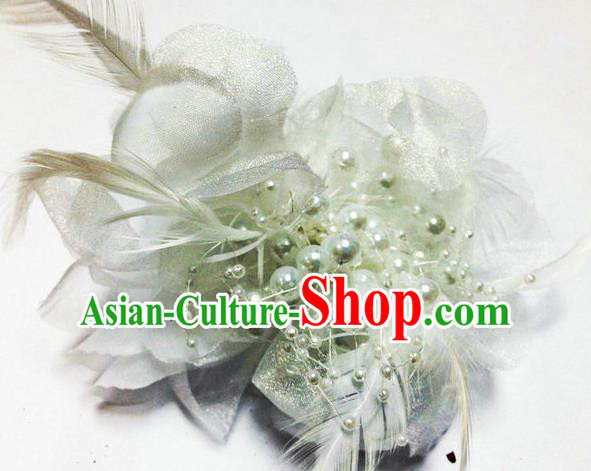 Traditional Chinese Folk Dance Headwear Yangko Hair Accessories, Chinese Classical Dance White Feather Headpiece Hair Pin for Women