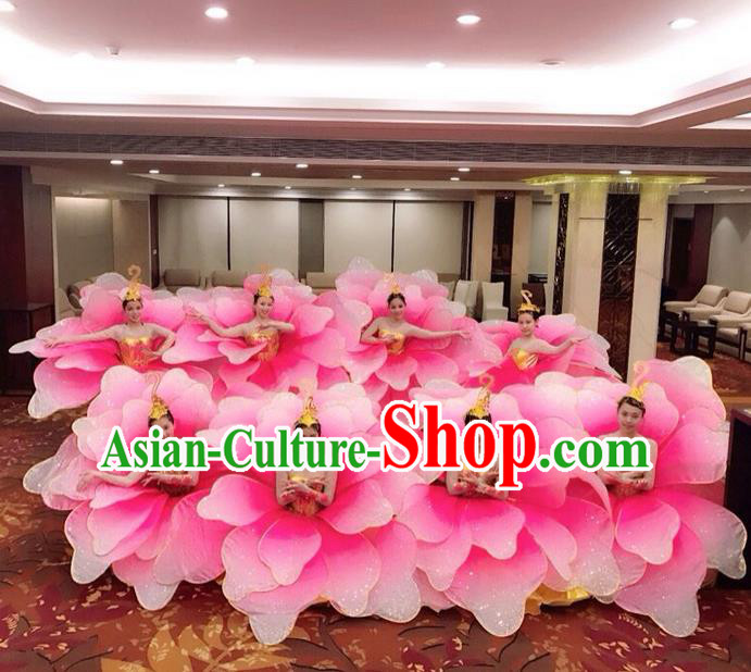 Traditional Chinese Modern Dancing Compere Costume, Women Opening Classic Chorus Singing Group Dance Uniforms, Modern Dance Classic Dance Pink Flowers Dress for Women