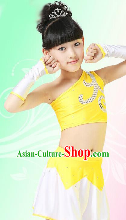 Chinese Modern Dance Costume, Children Opening Classic Chorus Singing Group Uniforms, Modern Dance Yellow Gym Suit for Girls Kids
