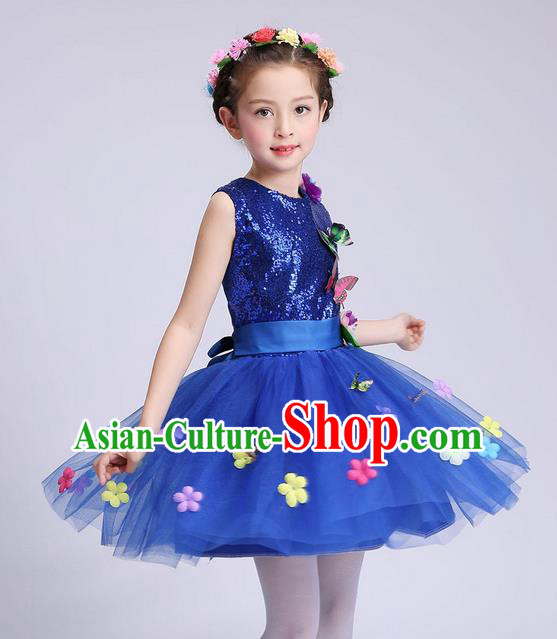 Chinese Modern Dance Compere Performance Costume, Children Opening Dance Chorus Dress, Classic Dance Blue Veil Bubble Dress for Girls Kids