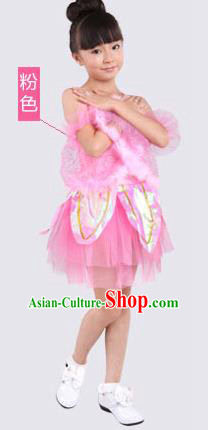 Top Compere Performance Catwalks Costume, Children Chorus Red Dress with Wings, Modern Dance Princess Short Pink Bubble Dress for Girls Kids