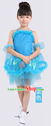 Top Compere Performance Catwalks Costume, Children Chorus Red Dress with Wings, Modern Dance Princess Short Blue Bubble Dress for Girls Kids
