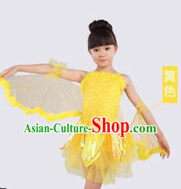 Top Compere Performance Catwalks Costume, Children Chorus Red Dress with Wings, Modern Dance Princess Short Yellow Bubble Dress for Girls Kids