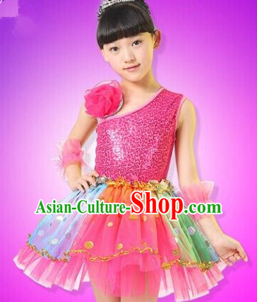 Top Compere Performance Catwalks Costume, Children Chorus Red Dress, Modern Dance Princess Red Veil Bubble Dress for Girls Kids