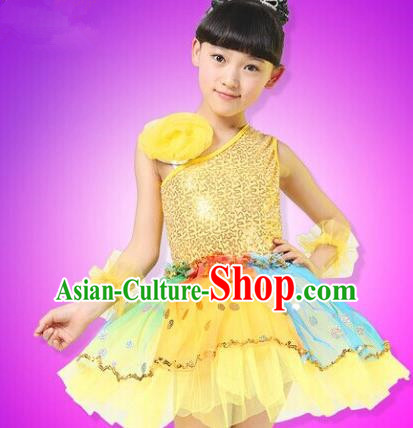 Top Compere Performance Catwalks Costume, Children Chorus Red Dress, Modern Dance Princess Yellow Veil Bubble Dress for Girls Kids