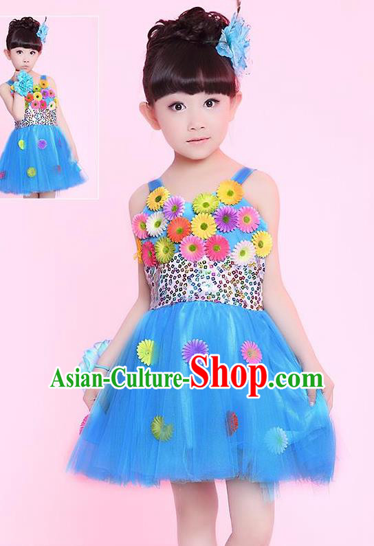 Traditional Chinese Modern Dance Compere Performance Costume, Children Opening Dance Chorus Flowers Dress, Classic Dance Blue Bubble Dress for Girls Kids