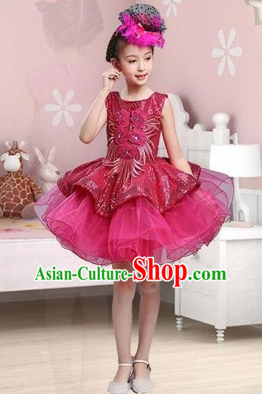 Traditional Chinese Modern Dance Compere Performance Costume, Children Opening Dance Chorus Dress, Classic Dance Wine Red Bubble Dress for Girls Kids