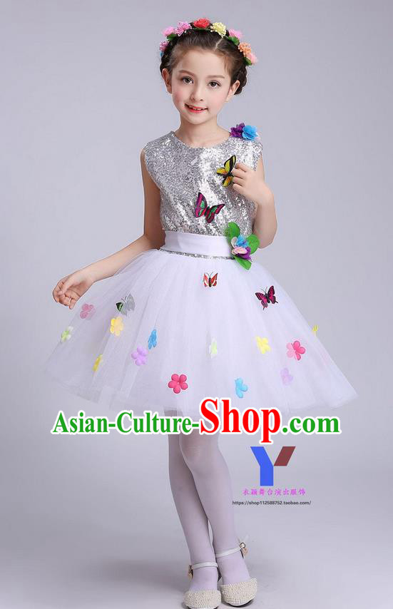 Traditional Chinese Modern Dance Compere Performance Costume, Children Opening Dance Chorus Dress, Classic Dance White Veil Bubble Dress for Girls Kids