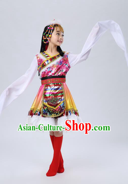 Traditional Chinese Zang Nationality Dancing Costume, Tibetan Children Folk Dance Ethnic Pleated Skirt, Chinese Tibetan Minority Water Sleeve Pink Dress for Kids