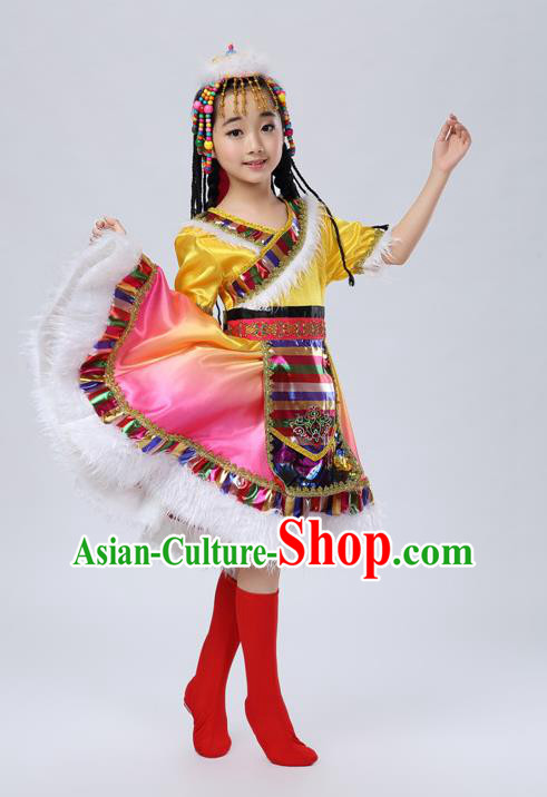 Traditional Chinese Zang Nationality Dancing Costume, Tibetan Children Folk Dance Ethnic Pleated Skirt, Chinese Tibetan Minority Yellow Dress for Kids