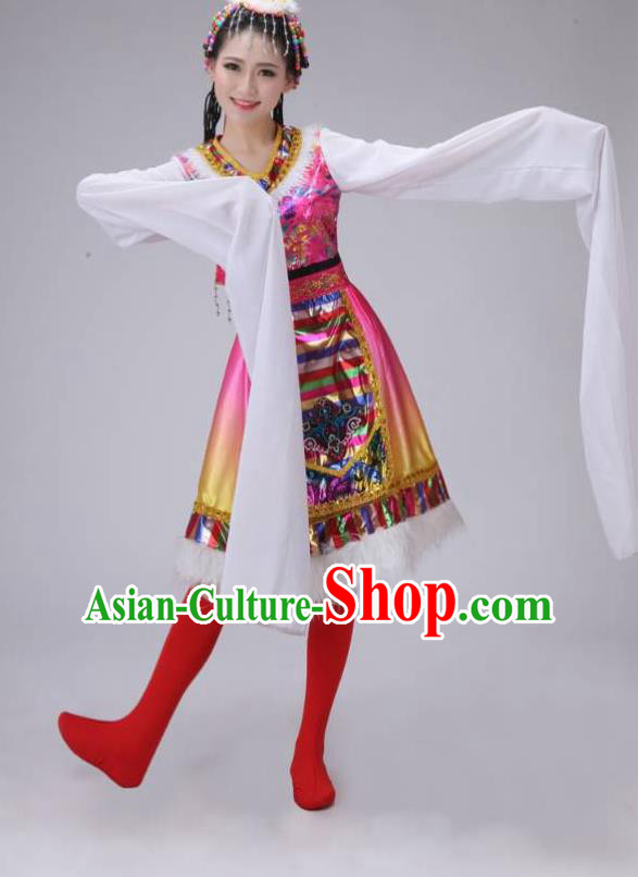 Traditional Chinese Zang Nationality Dancing Costume, Tibetan Female Folk Dance Ethnic Pleated Skirt, Chinese Tibetan Minority Pink Water Sleeve Dress for Women