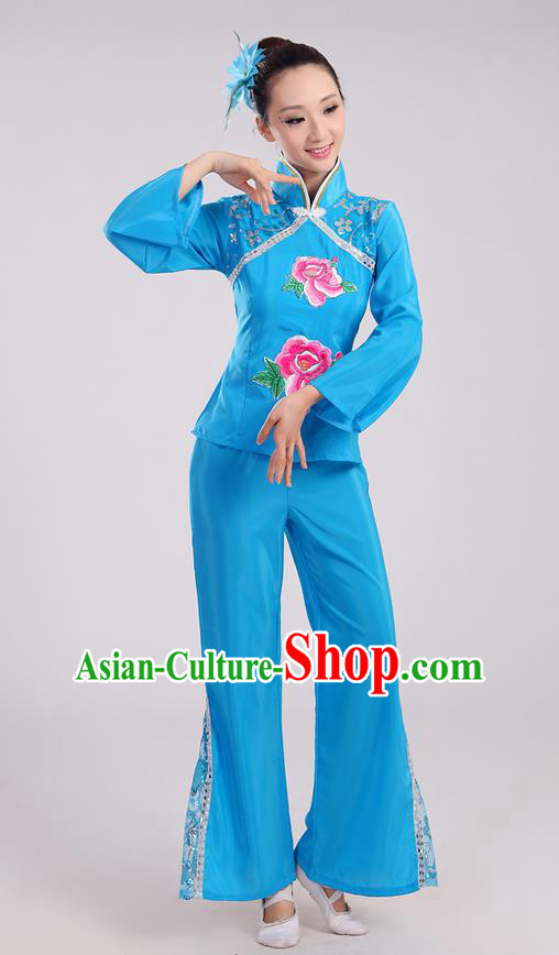 Traditional Chinese Yangge Fan Dancing Costume, Folk Dance Yangko Mandarin Sleeve Uniform Drum Dance Blue Clothing for Women