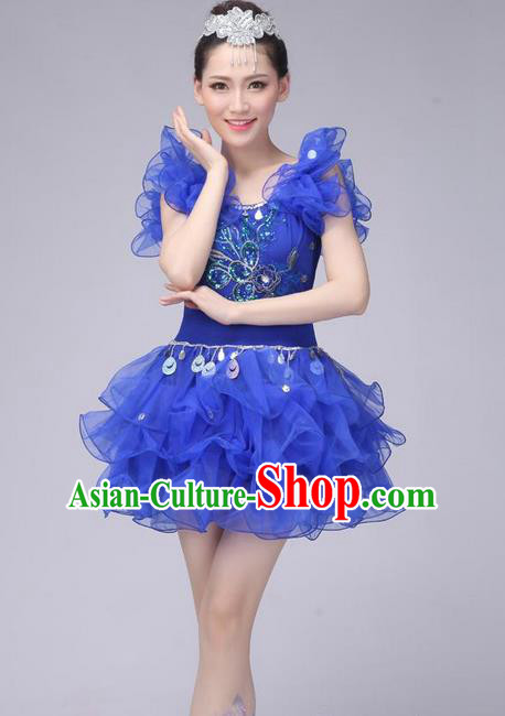 Traditional Chinese Modern Dance Costume, Women Opening Dance Chorus Group Uniforms Short Blue Bubble Dress for Women