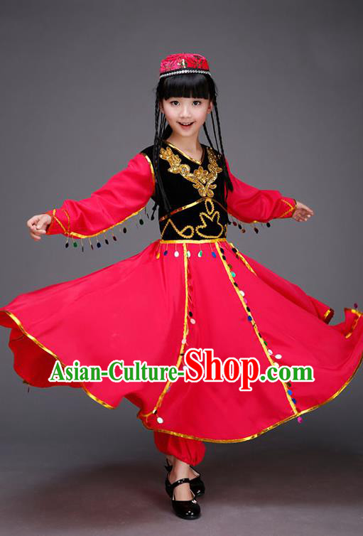 Traditional Chinese Uyghur Nationality Dancing Costume, Children Folk Dance Ethnic Costume, Chinese Minority Nationality Uigurian Dance Costume for Kids