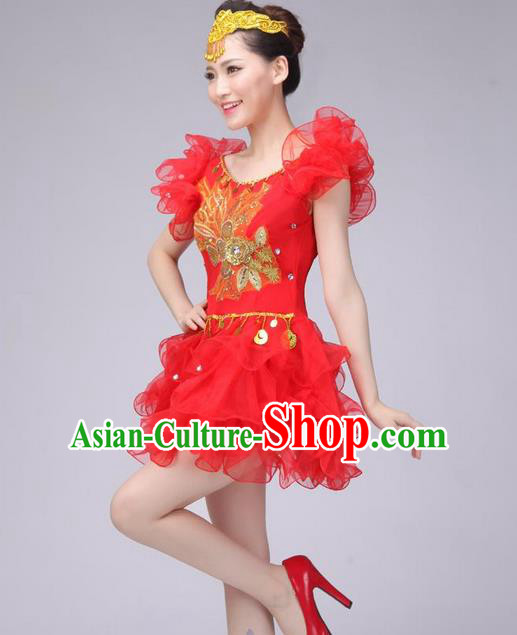 Traditional Chinese Modern Dance Costume, Women Opening Dance Chorus Group Uniforms Short Red Bubble Dress for Women
