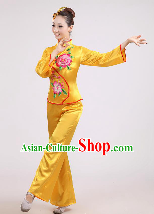 Traditional Chinese Classical Dance Yangge Fan Dance Costume, Folk Dance Drum Dance Peony Uniform Yangko Yellow Clothing for Women