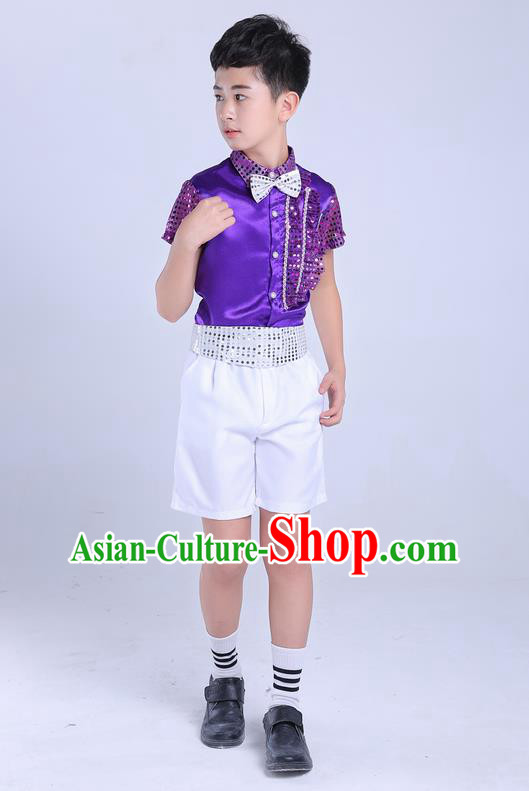 Top Grade Professional Performance Catwalks Costume, Children Chorus Modern Dance Purple Paillette Clothing for Boys Kids