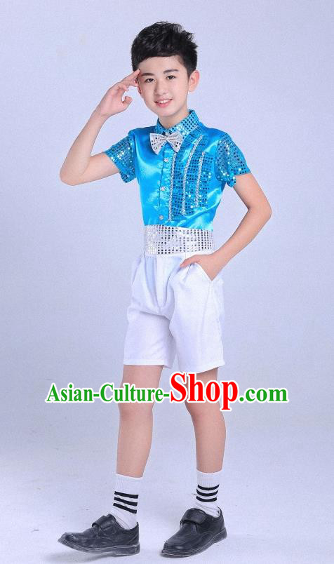 Top Grade Professional Performance Catwalks Costume, Children Chorus Modern Dance Blue Paillette Clothing for Boys Kids