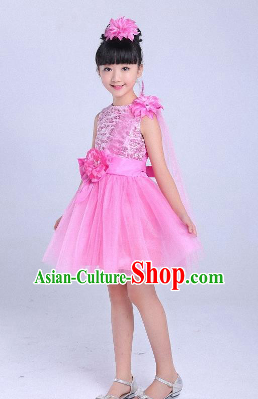 Top Grade Professional Performance Catwalks Costume, Children Chorus Modern Dance Pink Paillette Bubble Dress for Girls Kids